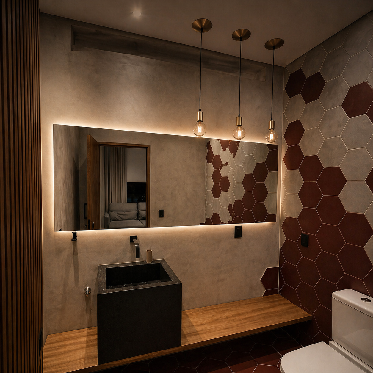 Espelho dourado em banheiro moderno